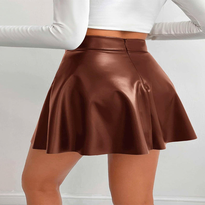 High Waist PU Leather Flare Skirt