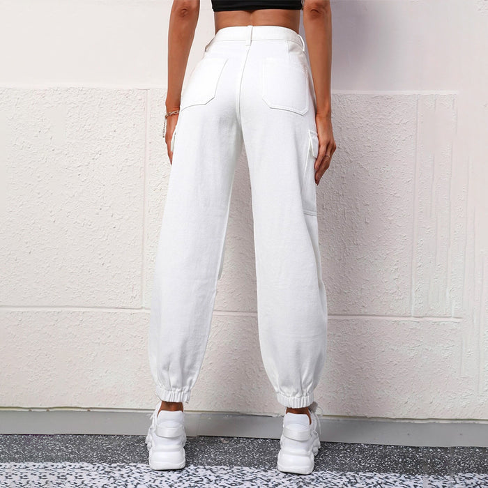 High Waist Plain Ripped Cargo Jeans