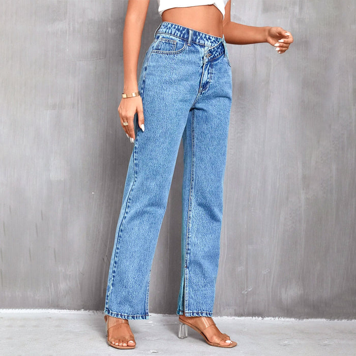 Asymmetrical Waist Straight Leg Denim Jeans