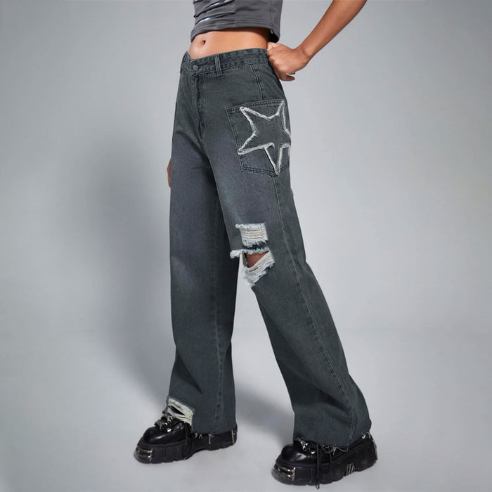 Grunge Punk Ripped Raw Hem Flare Leg Jeans