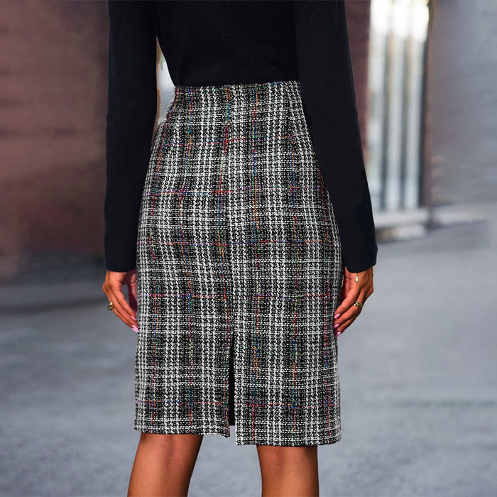 Plaid Split Back Tweed Straight Skirt