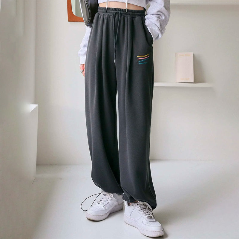 Striped Embroidered Drawstring Waist Sweatpants