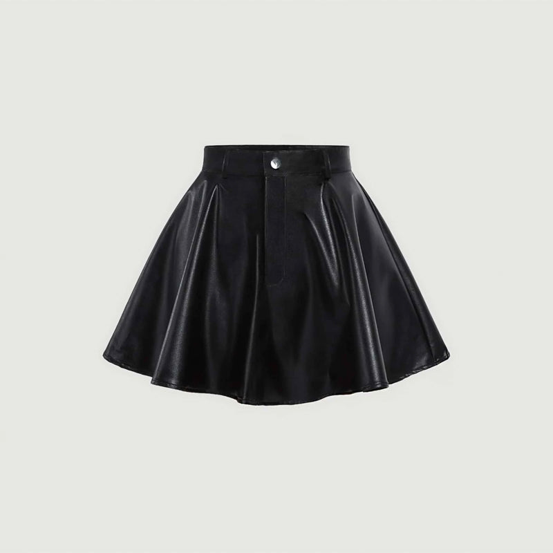 Solid PU Leather Skater Skirt