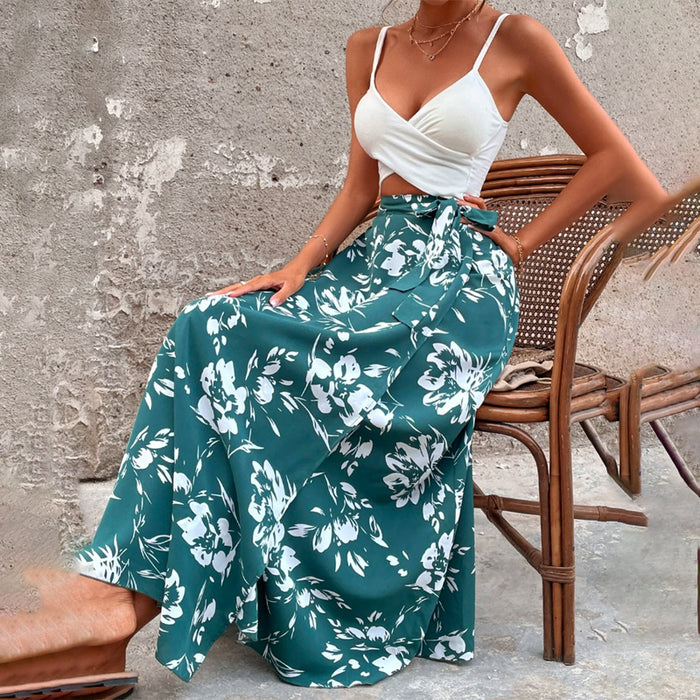 Floral Print Belted Wrap Skirt