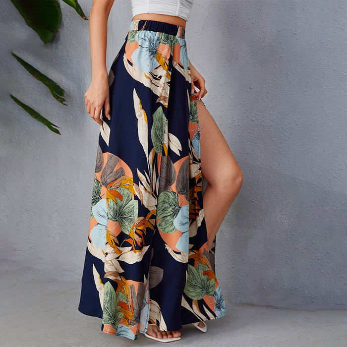 High Waist Tropical Print Split Thigh Skirt