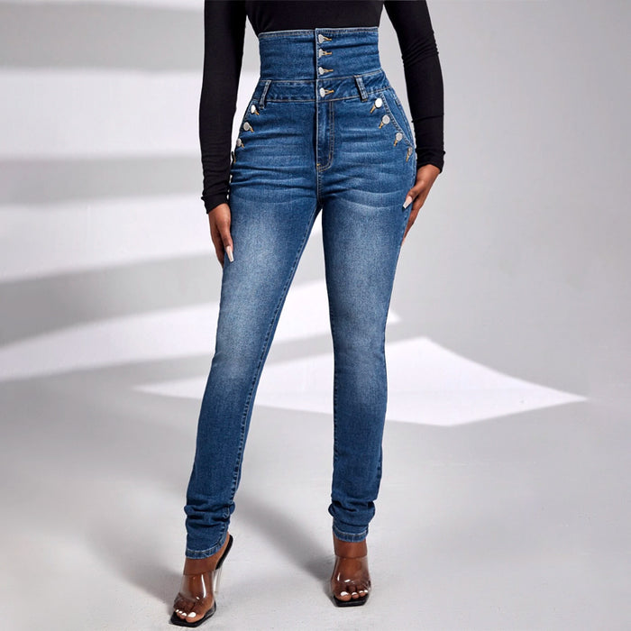 High Waist Button Front Plain Skinny Jeans