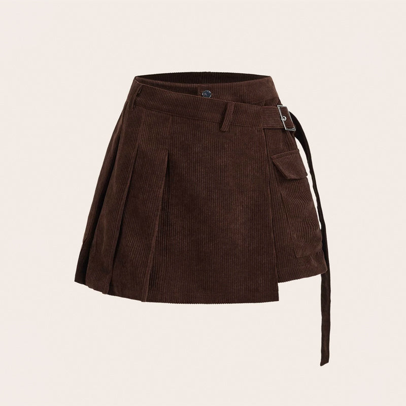 Flap Pocket Buckle Belted Corduroy Pleated Cargo Skirt