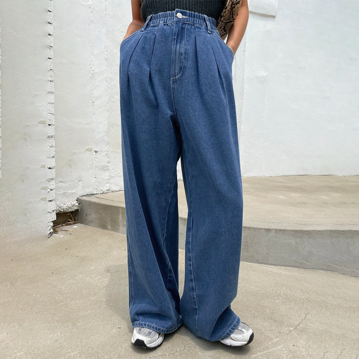 Plicated Detail Wide Leg Jeans