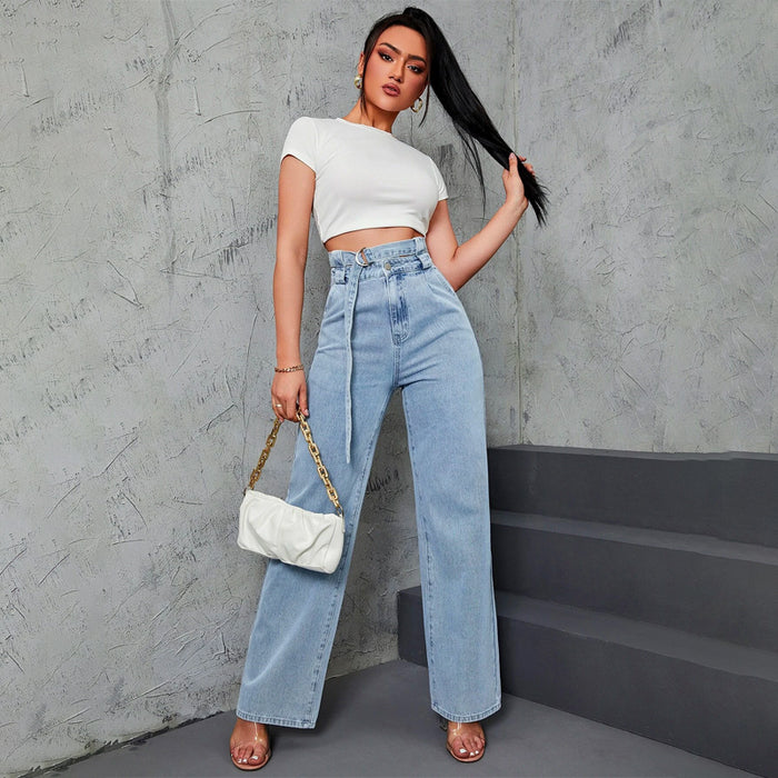 High Waist Belted Straight Leg Jeans