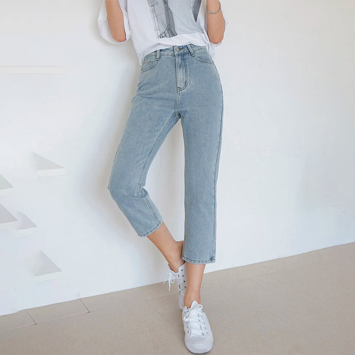 Plain Pattern High Waist Straight Leg Jeans