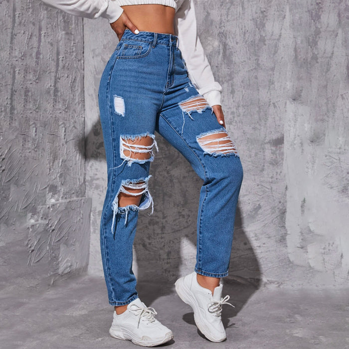 High Waist Ripped Frayed Tapered Jeans