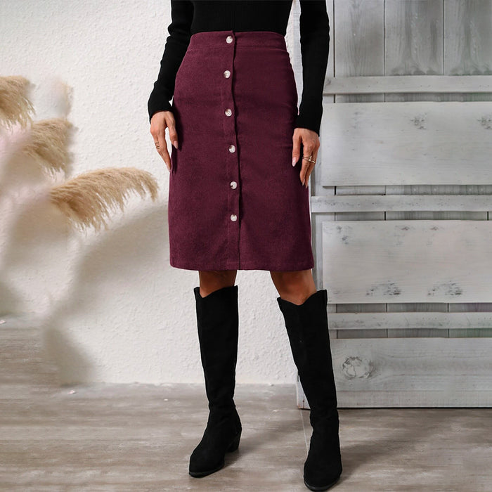 High Waist Button Front Corduroy Skirt