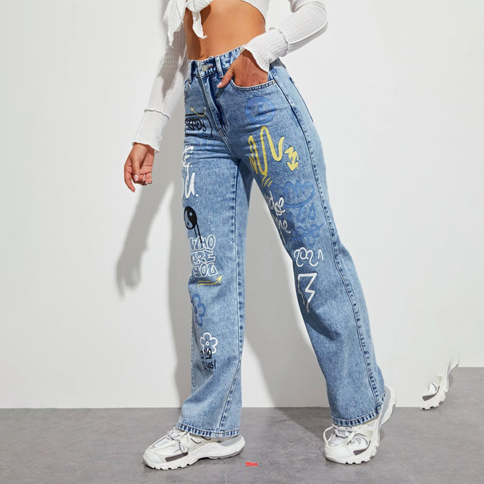 Slogan and Yin & Yang Print Jeans