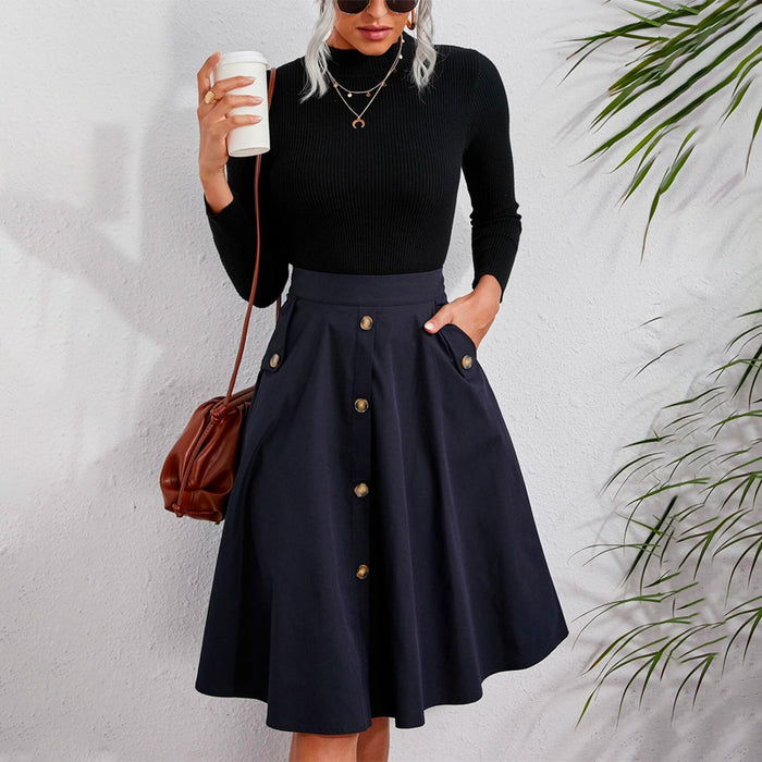 Solid Single Breasted Flare Skirt