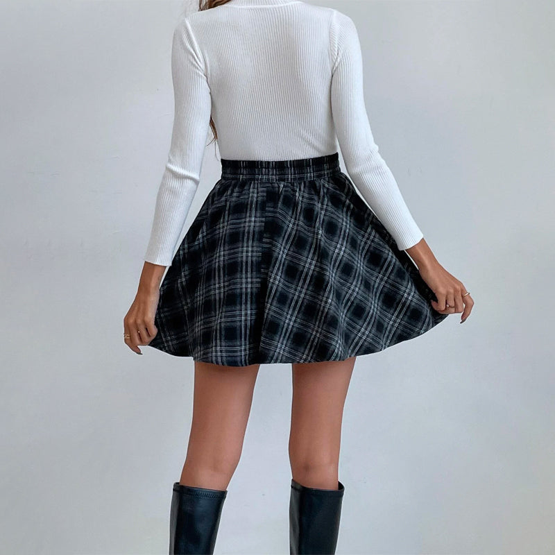 Elastic Waist Plaid Flare Skirt