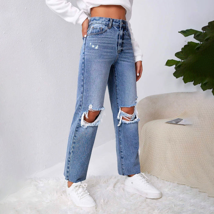 Ripped Raw Cut Straight Leg Jeans