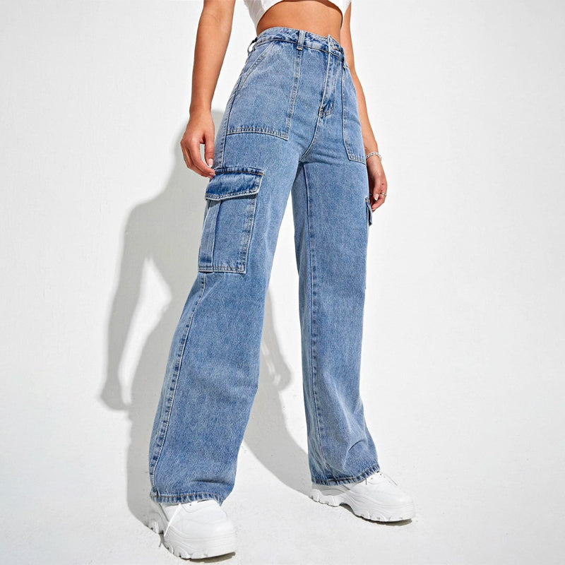 High Waisted Flap Pocket Cargo Jeans