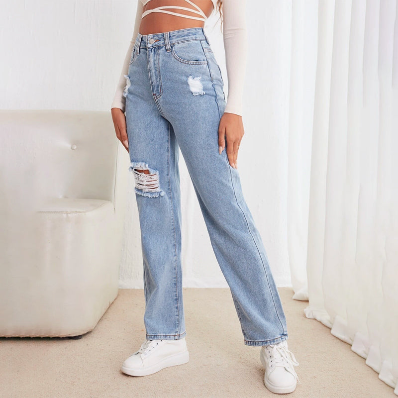 High Waisted Straight Leg Ripped Jeans
