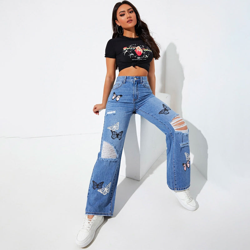 Butterfly Print Ripped Straight Leg Jeans