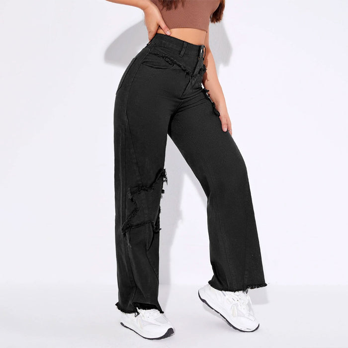 High Waist Raw Trim Wide Leg Jeans