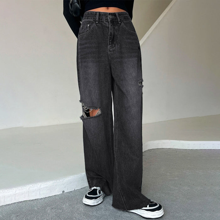 Ripped Raw Trim Wide Leg Jeans