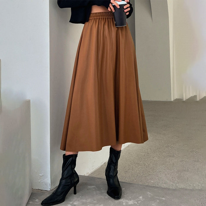 Solid PU Elastic Waist Skirt