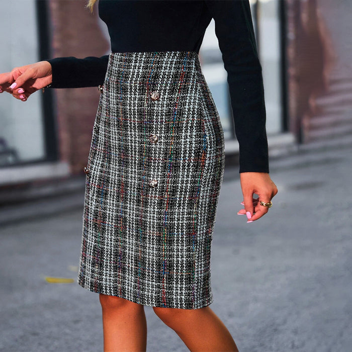 Plaid Split Back Tweed Straight Skirt