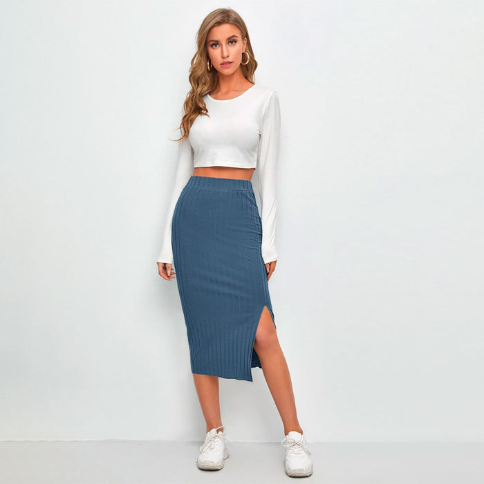 Slit Hem Rib-Knit Pencil Skirt