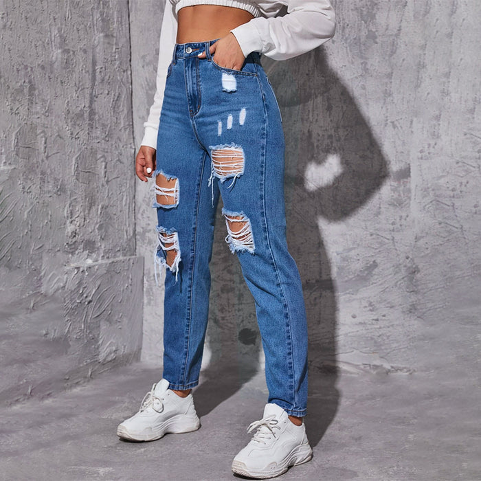 High Waist Ripped Frayed Tapered Jeans