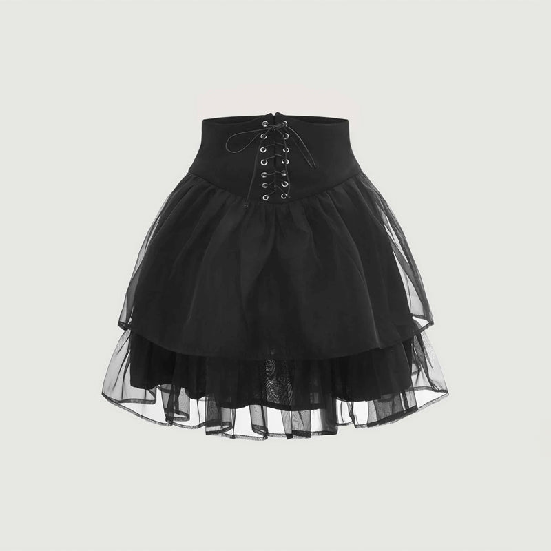 Lace Up Front Two Layer Hem Mesh Skirt