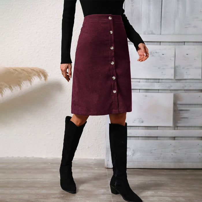 High Waist Button Front Corduroy Skirt