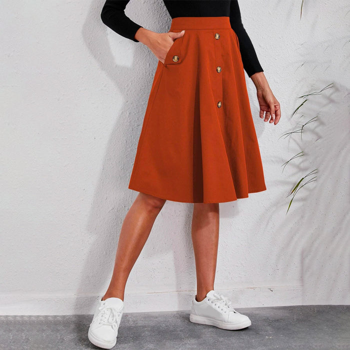 Solid Single Breasted Flare Skirt