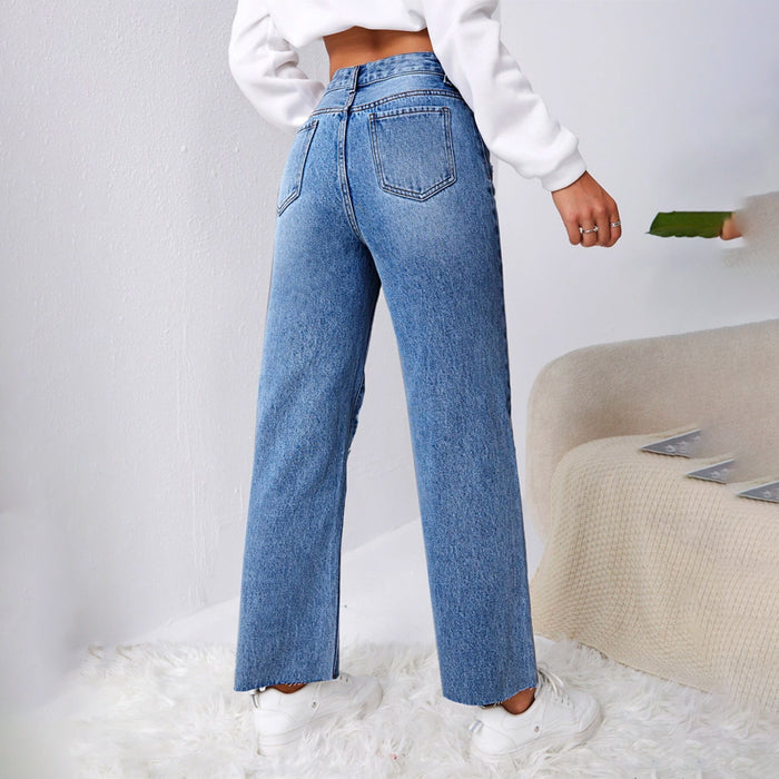 Ripped Raw Cut Straight Leg Jeans