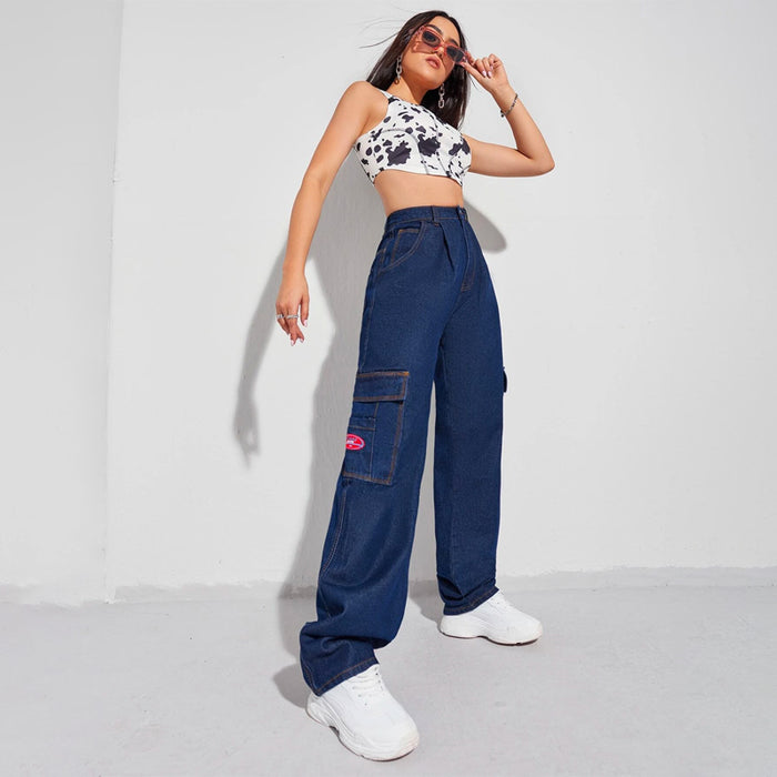 Patched Detail Flap Pocket Wide Leg Jeans