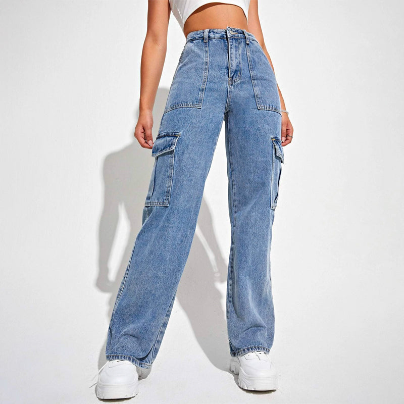 High Waisted Flap Pocket Cargo Jeans