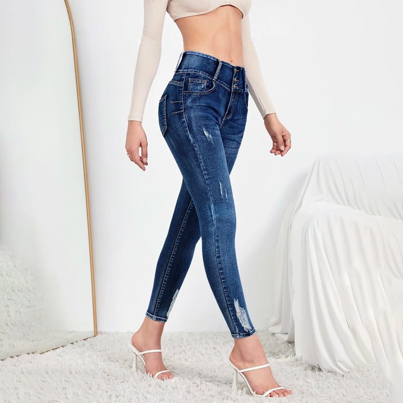 Denim Button Detail Ripped Skinny Jeans