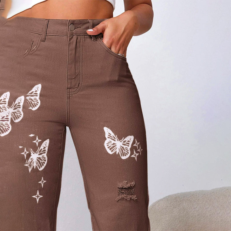 Bleach Wash Ripped Detail Butterfly Jeans