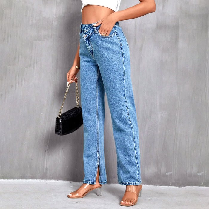 Asymmetrical Waist Straight Leg Denim Jeans