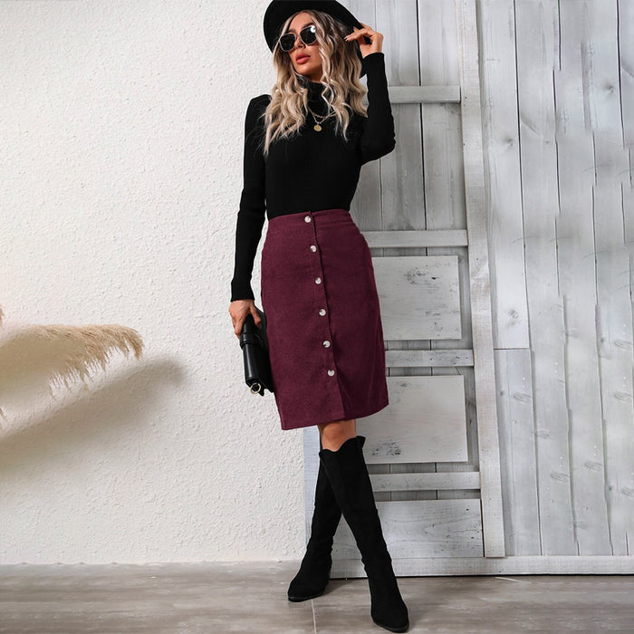 High Waist Button Front Corduroy Skirt