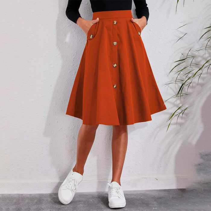 Solid Single Breasted Flare Skirt