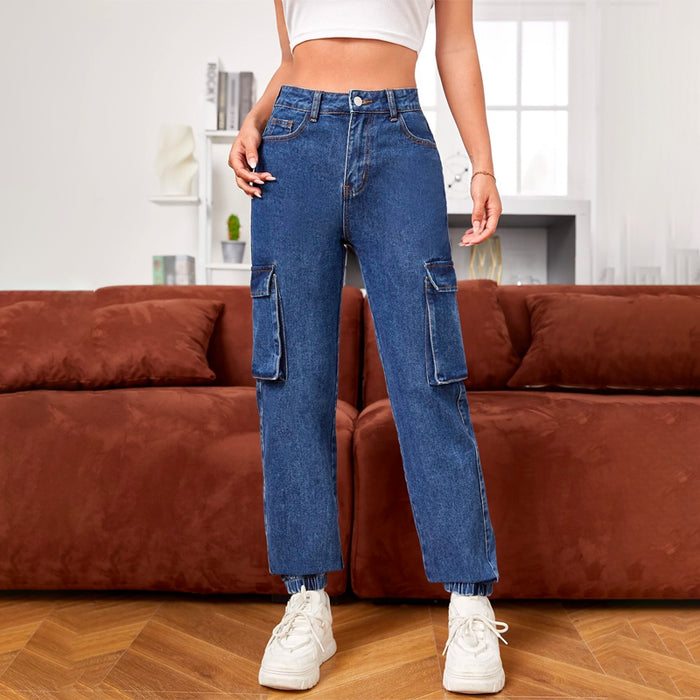 High Waist Flap Pocket Side Cargo Jeans