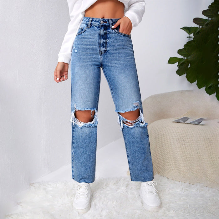 Ripped Raw Cut Straight Leg Jeans