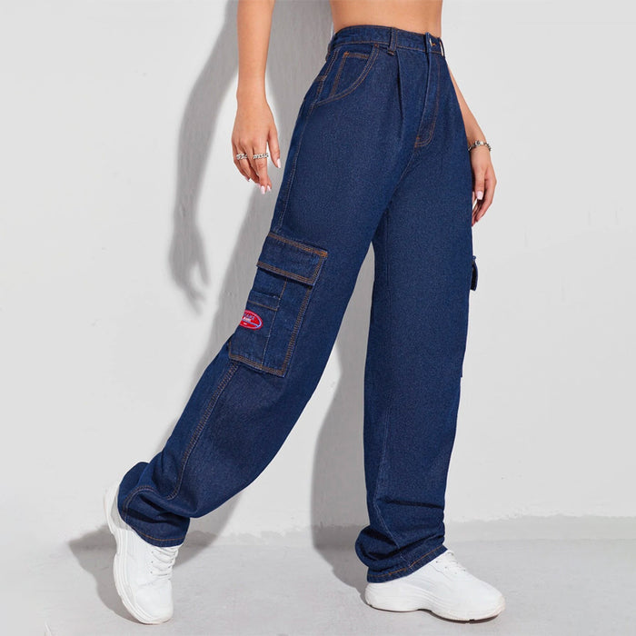 Patched Detail Flap Pocket Wide Leg Jeans