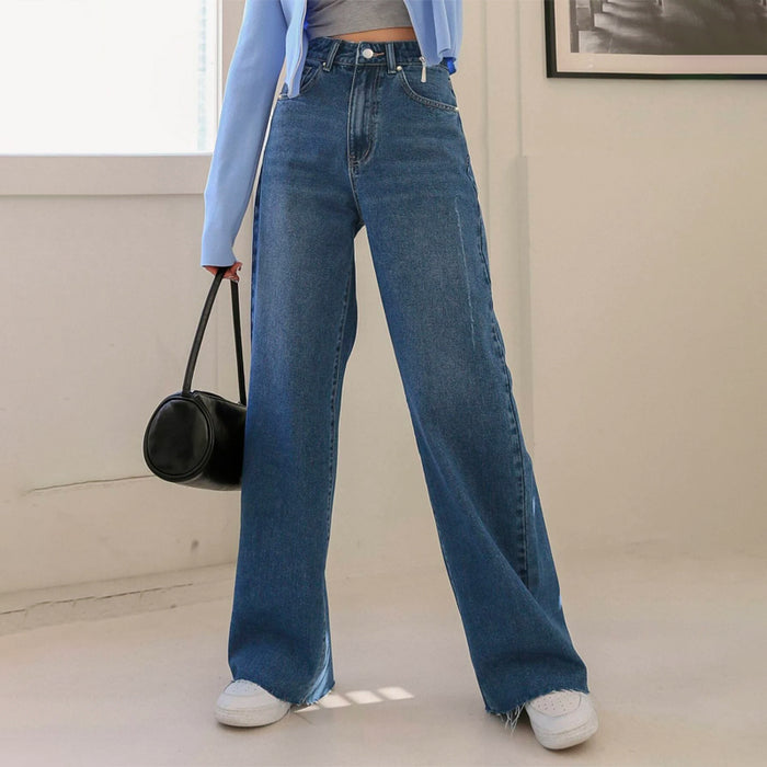 High Waist Slant Pocket Raw Cut Jeans