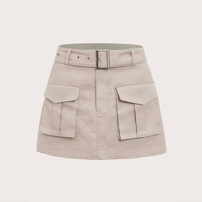 Flap Pocket Buckle Belted Cargo Skirt