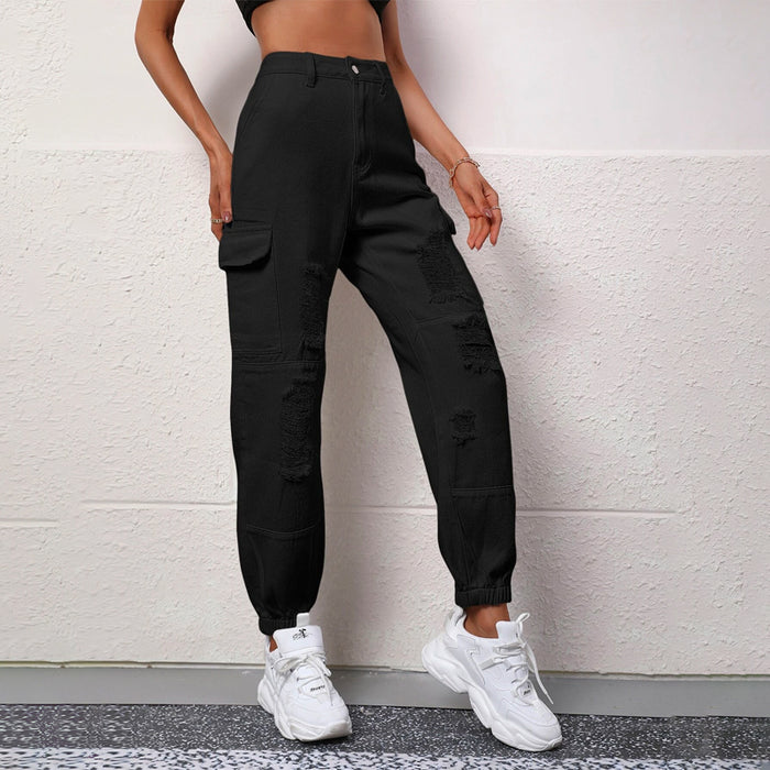 High Waist Plain Ripped Cargo Jeans