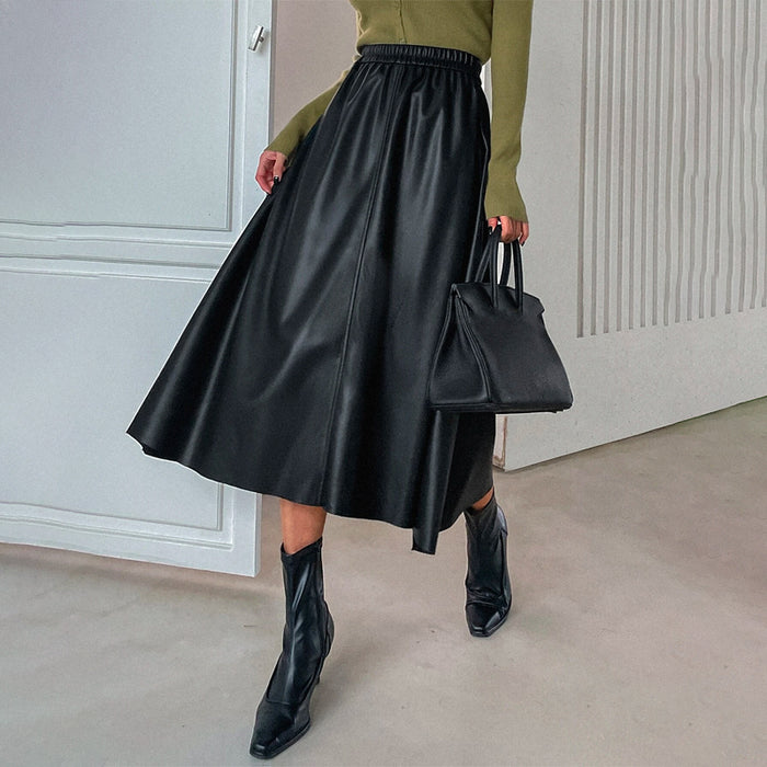 Solid PU Elastic Waist Skirt