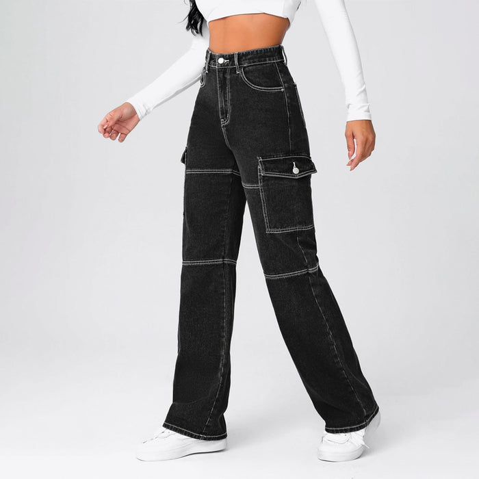 High Waist Flap Pocket Whip Stitch Jeans