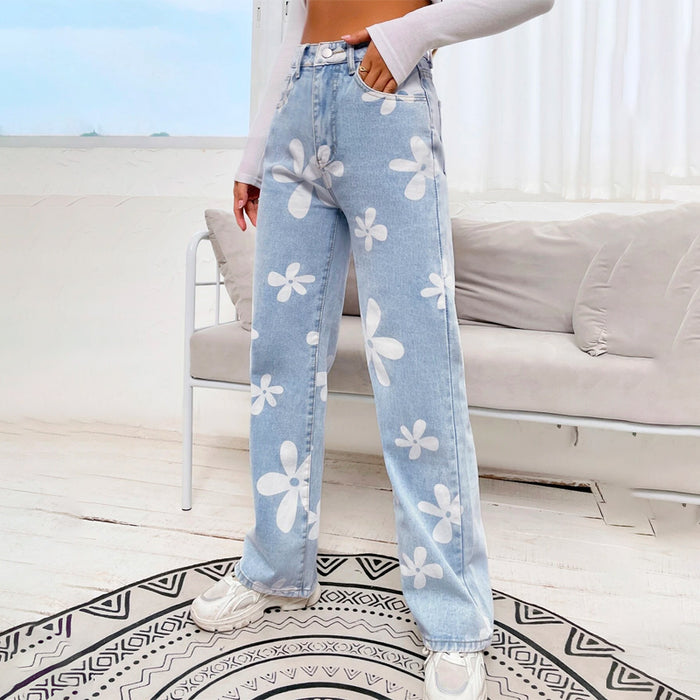 Floral Print Straight Leg Jeans