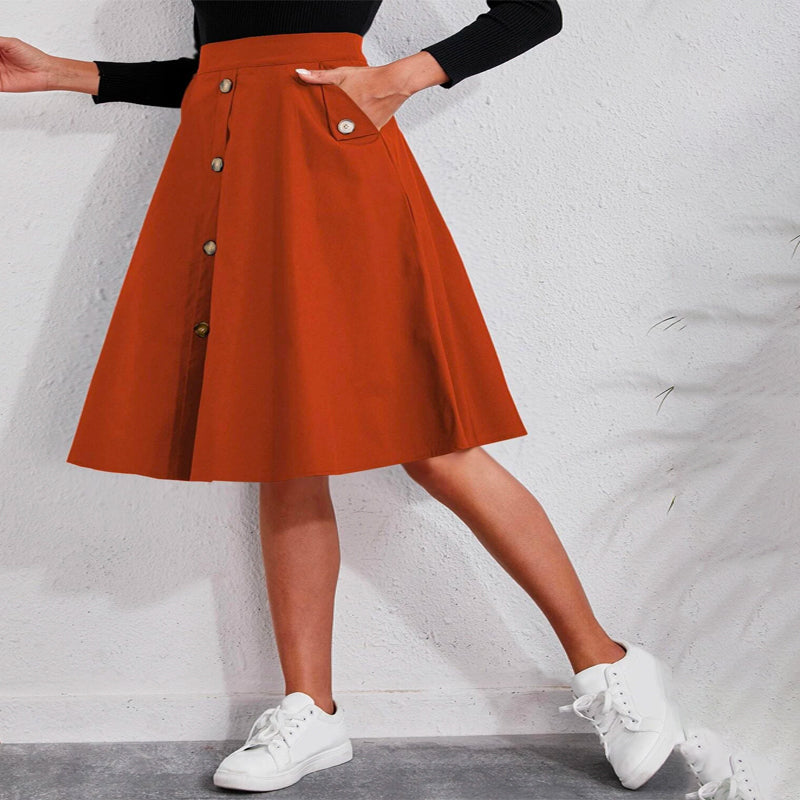 Solid Single Breasted Flare Skirt